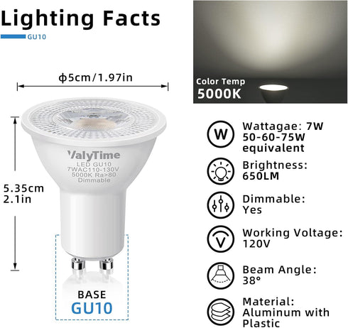 Dimmable GU10 LED Bulbs 7W(50W -60W-75W Equivalent) GU10 Light Bulbs Gu10 Shape Halogen Replacement Bulb 38 120V 650Lm for Track Spot Lighting Indoor Recessed,Day White 5000K,8 Pack by Valytime