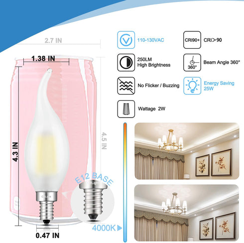CRLight 2W 4000K LED Candelabra Bulb, 25W Equivalent, E12 Chandelier Dimmable, 6 Pack