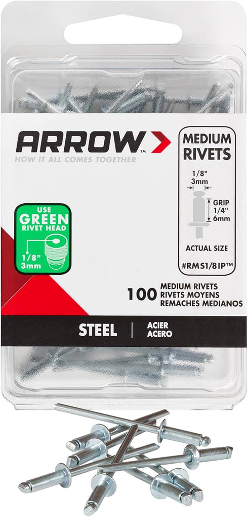 Arrow Fastener RMS1/8IP Medium Steel 1/8-Inch Pop Rivets for Metal, Fabric, Leather, Auto Repair, 100-Pack