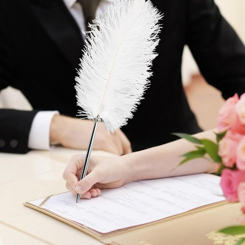 Rgontar Feather Pen - Black Ink Ballpoint Wedding Signing Pen for Bridal Calligraphy (White)