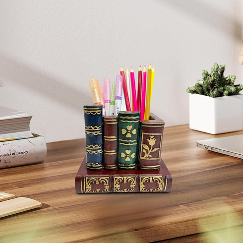 Pen Holder for Desk, Decorative Resin Pencil Organizer Caddy with Antique Library Books Design for Office Supplies