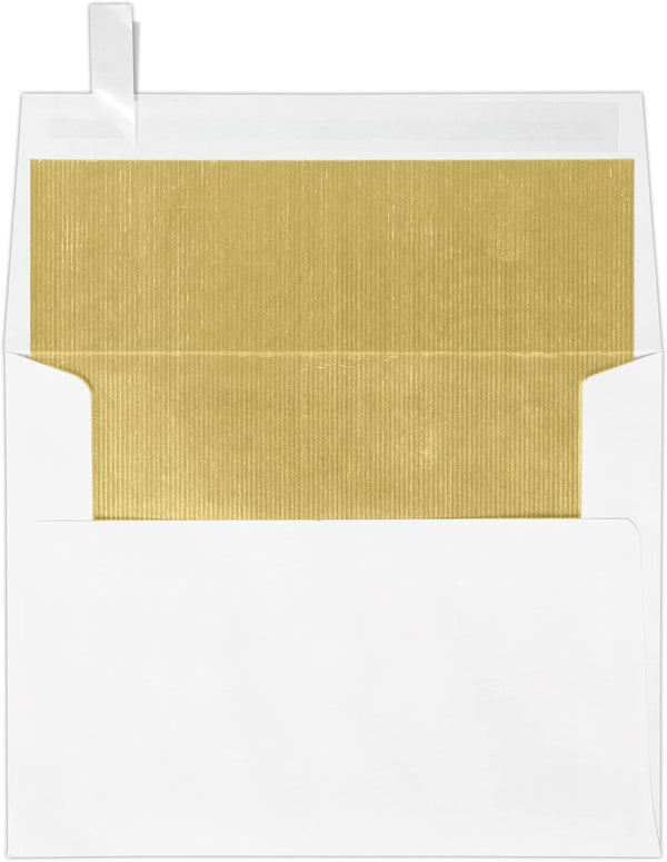 LUXPaper A2 Foil Lined Invitation Envelopes, Peel & Press, 4 3/8" x 5 3/4", White w/Gold LUX Lining, 70lb. Text, 50 Qty
