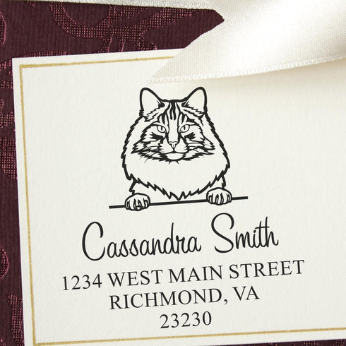 Portable Peeking Norwegian Forest Cat Address Stamp for Thank You Cards - Unique Mail Address Stamper for Flyers