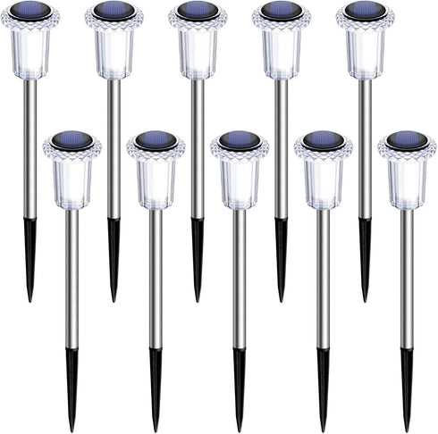 DenicMic 10 Pack 3000K Solar Lights Outdoor Waterproof Warm White LED Stainless Steel Stake Outside Lights for Yard