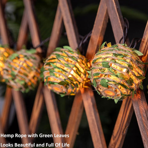 TWINKVILLA 10 Decorative Lantern String Lights, Outdoor Plug in Hanging Lights with Natural Hemp Rope Leaf Balls