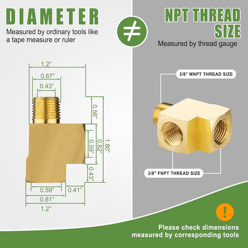 2PCS Barstock Street Tee Fittings, 3/8" NPT Female x 3/8" NPT Male Brass Pipe Fitting