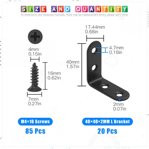 Glarks 20 Set 40mm (40x40x2mm) Black L Angle Bracket Corner Brace Joint Fastener for Wood Chair Bookshelf Board Window