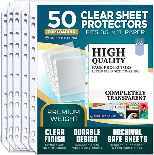 Premium Clear Plastic Sheet Protectors for 3 Ring Binder, 8.5 x 11, 50 Sleeves for Paper & Documents