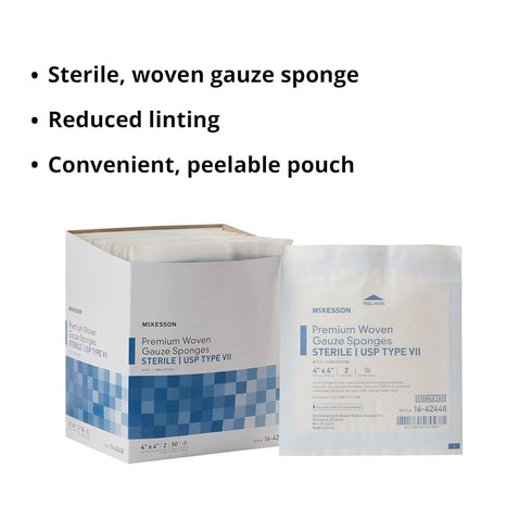 8-Ply, 100% 4 4 2 Pack, 50 Packs, 100 McKesson Premium Woven Gauze Sponges, Sterile, USP Type VII, Cotton, in x in, per