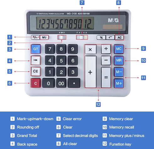 M&G Desktop Calculator, 12 Digits Extra Large LCD Display, Dual Solar Power and Battery, Basic Financial Calculator