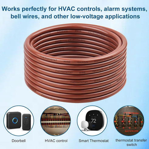 18AWG 18/5 5 25FT Thermostat Wire Solid Copper Conductor Low Voltage HVAC Cable for Thermostats, Alarm Systems