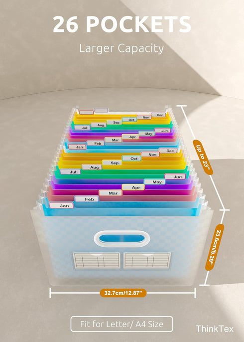 ThinkTex 26 Pockets Expanding File Folder, Upright & Open Top, A-Z Colorful Tabs, Larger Capacity, Letter/A4 Size