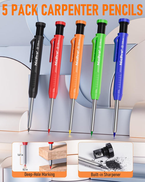Nicpro 31 Pack Carpenter Pencil Set with Sharpener, Mechanical Pencils with 128PCS Refills, Heavy Duty Construction