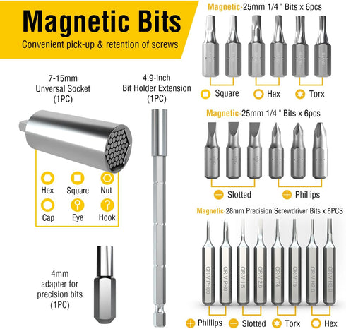 AZUNO 24 IN 1 Ratchet Screwdriver Set - Universal Socket, 20 CRV Bits Stored in Handle, Precision Bits