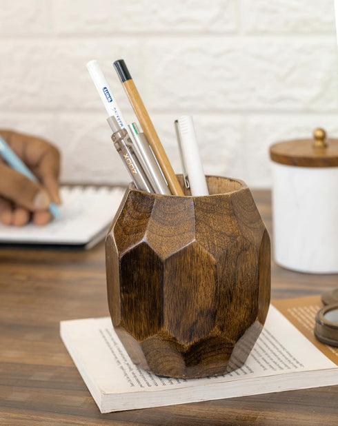 Mie Creations Geometric Pen Holder for Desk, Wooden Cute Pretty Desktop Organizer for Makeup Brushes