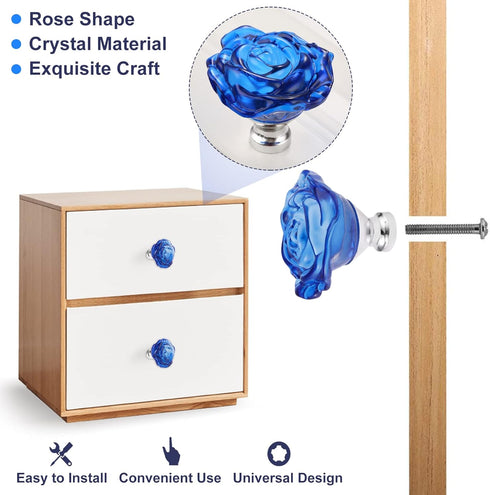 Yetaha Blue Crystal Drawer Knobs, 5PCS Rose Shape Glass Handles for Cabinet Pulls, with Screws