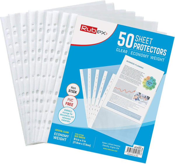 Rubex Sheet Protectors, 8.5 x 11 inch Clear Page Protectors, Reinforced 11 Hole for 3 Ring Binder (50 Sheets)
