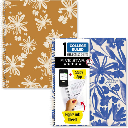 Five Star Spiral Notebooks + Study App, 2 Pack, 1 Subject, College Ruled Paper, 11" x 8-1/2"