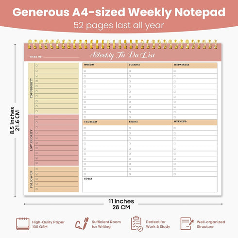 Weekly To Do List Notepad, 52 Undated Sheets (8.5"×11"), Undated Weekly Planner for Office Desk Accessories and Supplies