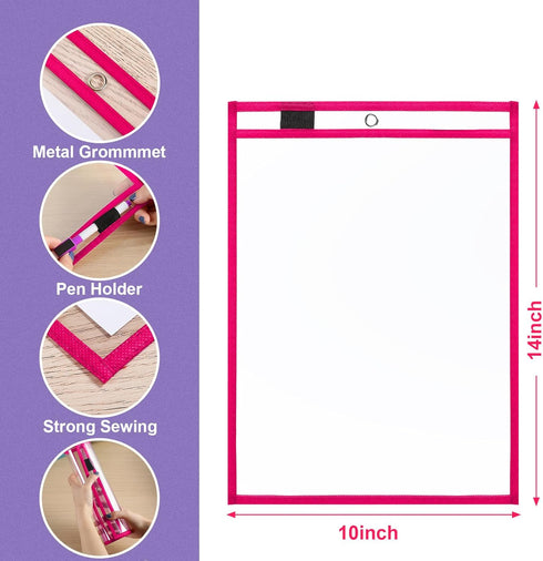Nezyo 50 Pieces Dry Erase Pockets, Reusable Plastic Sleeves for Classroom, Shop Holder Order Pockets (Rose Red)