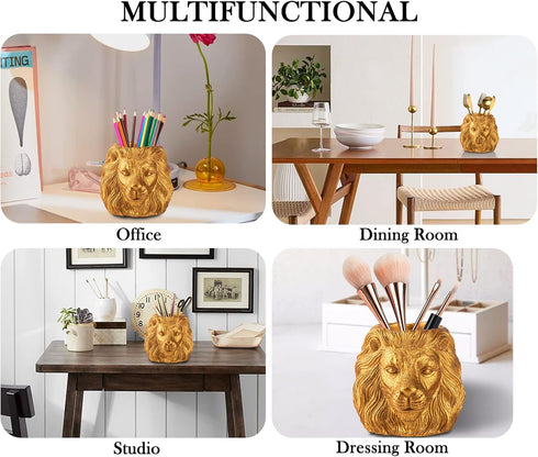Lion Pencil Holder - Golden Desk Organizer for Office Supplies