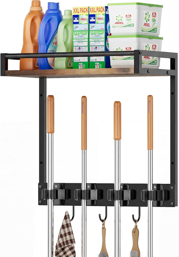 Broom Holder Wall Mount with Shelf Load 66LBS Broom and Mop Organizer