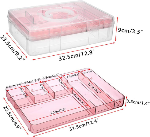 BTSKY 2-Tier Cute Bear Storage Box with Removable Divided Tray, Portable Clear Plastic Art Craft Supply Organizer (Pink)