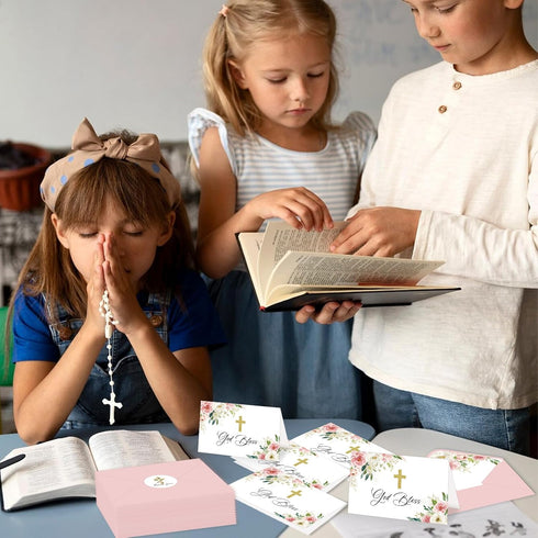 SMUAENSS 48 Pack Communion Christian Thank You Cards, Watercolor Pink Floral Cross Baptism Thank You Cards