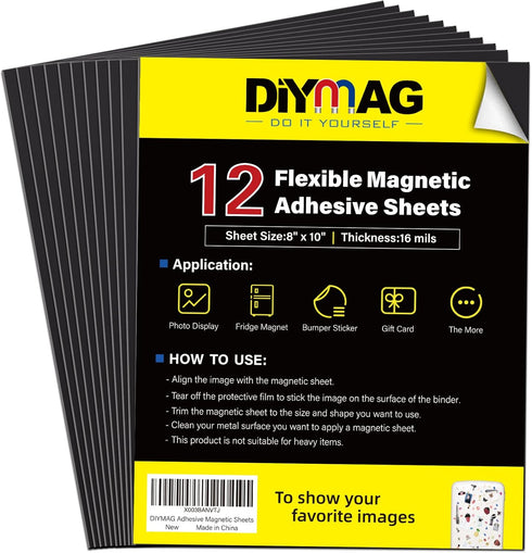 DIYMAG Magnetic Adhesive Sheets - 8" x 10", 12 Pack Flexible Sheets for Crafts, Photos, Easy to Peel