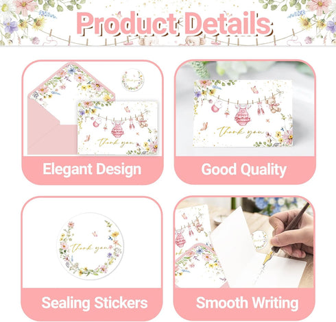 SMUAENSS 24 Pack Pink Baby Shower Thank You Cards with Envelopes, Girl Baby Gift Card Blank Note Card with Envelopes