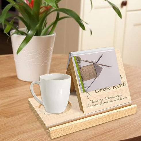 Lovdeying Personalized Wooden Triangle Book Holder Stand Custom Solid Oak Wood Book Rest with Cup Holder Engraved Text