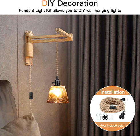 Zevnico 16.5FT E26 Pendant Light Kit, Hanging Lights with Plug in Cord & Switch, Hemp Rope Swag Socket Pendant Lamp