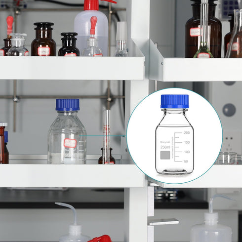 stonylab Graduated Storage Bottles with GL45 Screw Cap, 500 ml Borosilicate Glass Clear Round Lab Bottles