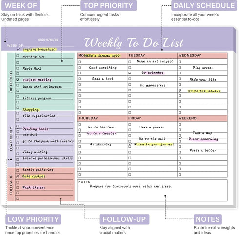 Weekly To Do List Notepad with 52 Undated Tear Off Sheets, Weekly Desk Planner Pad for Women & Man, Work, School