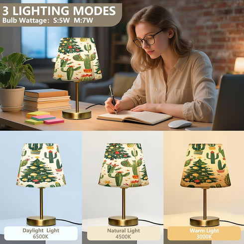 3 Dimming (Bulb Included),5.9x11.4in, Small Table Lamp Christmas Cactus Trees Pattern Bedside Lamps with Fabric Shade
