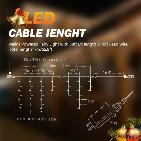 480 39FT 96 8 USOKYO Icicle Christmas Lights Outdoor, LED Icicle String Lights with Drops Modes and Timer, Twinkle