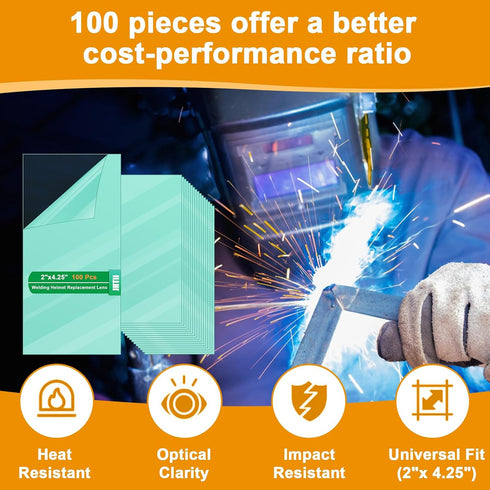 100PCS 2"x4.25" Welding Helmet Replacement Lens, Clear Anti-Scratch Polycarbonate Lens for Arc/MIG/TIG Welding, Fits