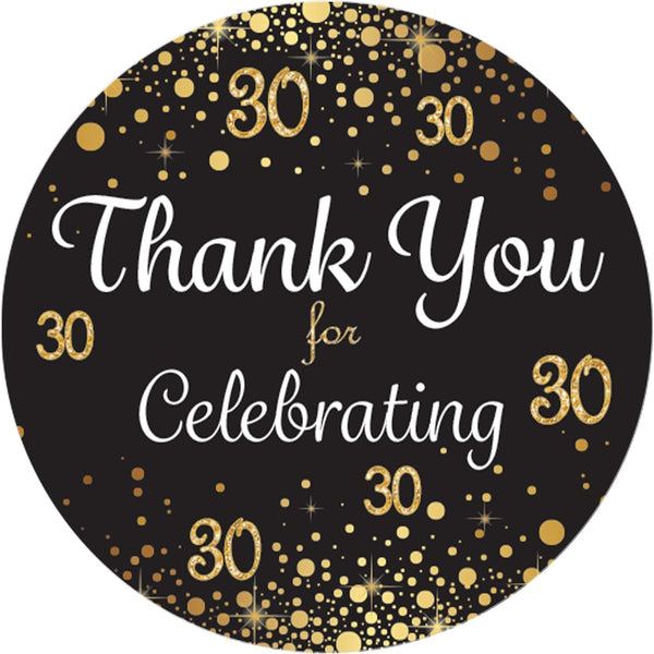 Black and Gold 30th Birthday Thank You Stickers - 1.75 in - 40 Labels