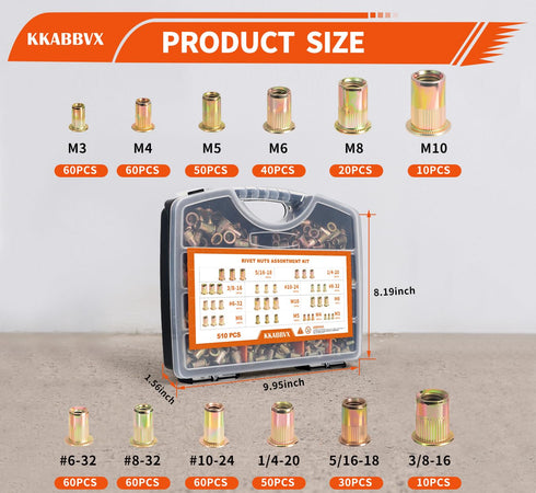 KKABBVX 510pcs M3,M4,M5M6,M8,M10,#6-32,#8-32,#10-24,1/4-20,5/16-183/8-16 Rivet Nuts Assortment kit, SAE & Metric Rivet
