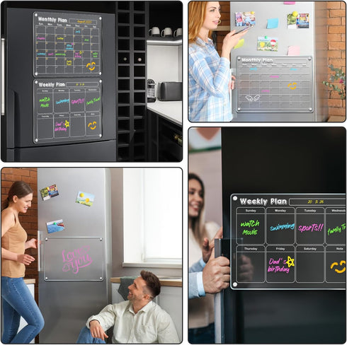 DIYMAG 3Pcs Acrylic Magnetic Dry Erase Calendar for Fridge, Clear Weekly Monthly Planner Menu with 6 Highlight Markers