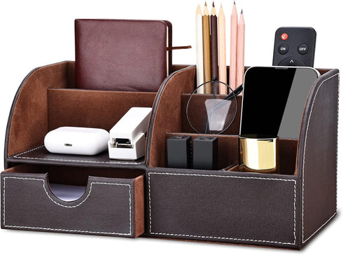 KINGFOM PU Leather Desk Organizer, Pen Pencil Holder Caddy Storage Box with Drawer, 6 Compartments (Brown)