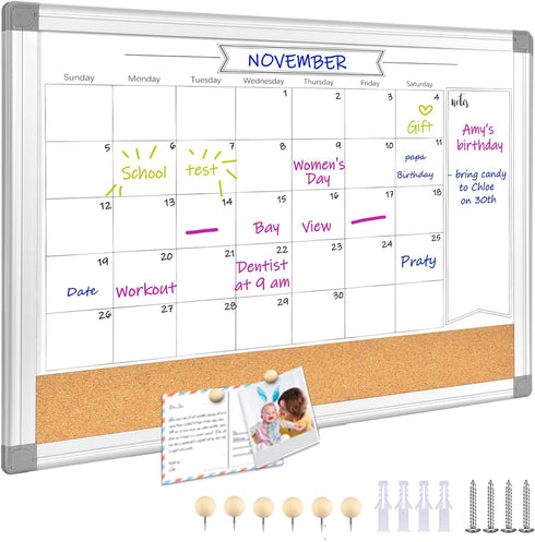 Upgraded Monthly Calendar Dry Erase White Board & Cork Bulletin Board, 13" x 17" Aluminum Frame, Organizing Space