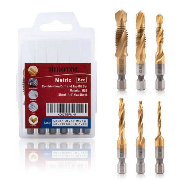 Titanium Combination Drill and Tap Bits Set, 6 PC Metric Screw Taps, 3-in-1 Bit Tool for Drilling, Tapping, and