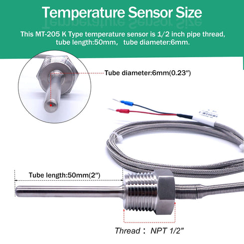 Twidec/2M NPT 1/2"inch (6X50MM) Pipe Thread Temperature Sensor Probe Two Wire Temperature Controller (0~600?) 304 Stainless Steel K Type Thermocouple MT-205-1/2