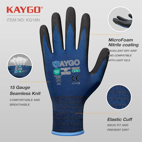 KAYGO Safety Work Gloves MicroFoam Nitrile Coated-3 Pairs, KG18NB,Seamless Knit Nylon Glove with Black Micro-Foam Nitrile Grip,Ideal for General Purpose,Automotive,Home Improvement Dark Blue,L