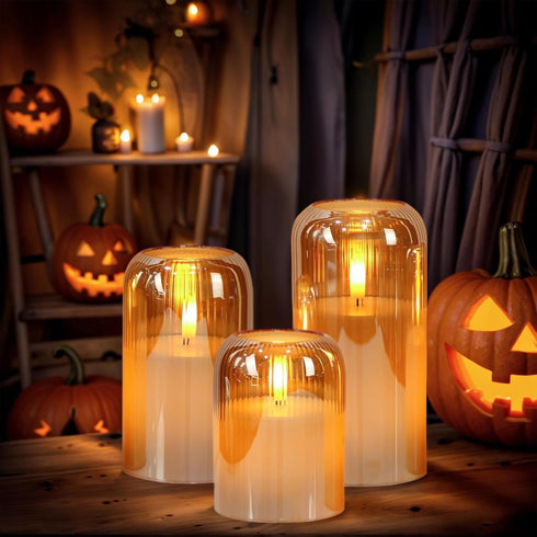 3D Decor(3Pcs, D3H4/5"/6") Eldnacele Gold Glass Flameless Candles with Remote and Timer, Battery Operated Wick