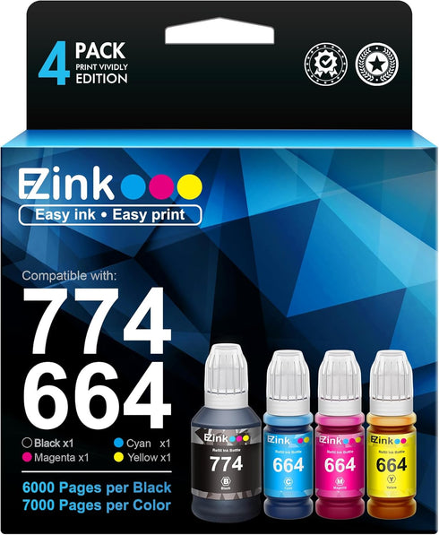 E-Z Ink Compatible Ink Bottle Replacement for Epson 774 664 T774 T664 High Yield 4 Pack (Black, Cyan, Magenta, Yellow)