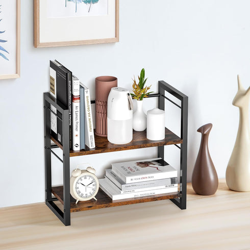 Office Desk Shelf Organizer, Wood Desktop Bookshelf Supplies Storage Rack, 2 Tier Shelf for Desk and Dresser, Brown