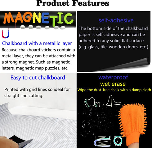Magnetic Chalkboard Contact Paper, 50"x18" Self Adhesive Magnet Wall Board Sticker with 12 Color Liquid Chalk