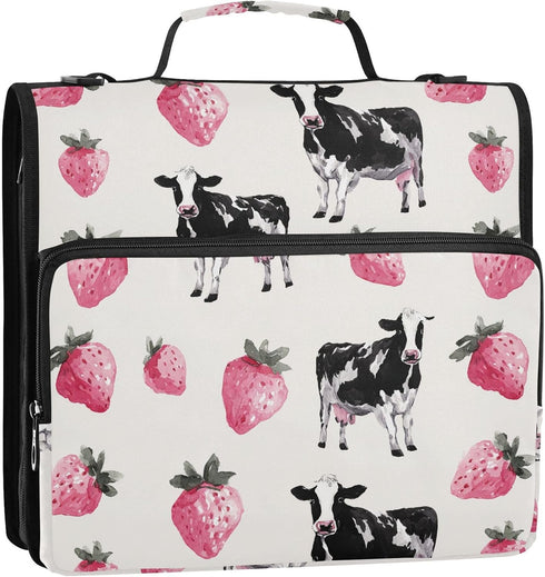 ALAZA 3 500 Ring Zipper Binder Milk Cow Pink Strawberry Binders Bag with Shoulder Strap Sheets Paper Organizer Trapper